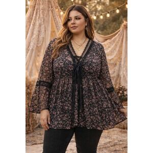Vintage Y2K Sheer Floral Mesh Babydoll Blouse Plus Size 1X Boho Lace Tie Front